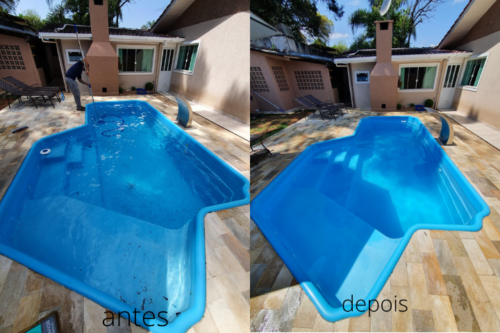Antes e depois limpeza piscina